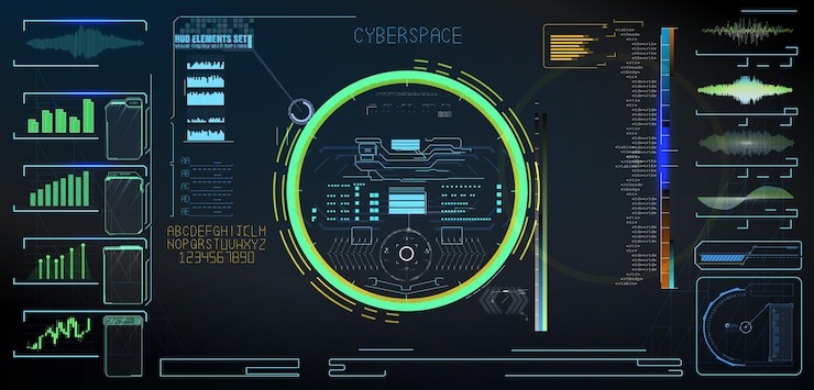Vector representación visual de una interfaz digital futurista con métricas de datos y elementos interactivos en el ciberespacio