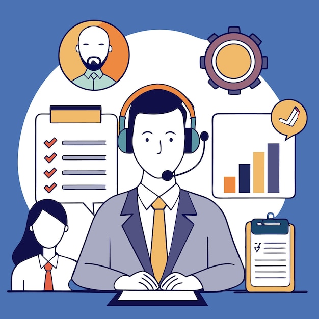 Un representante de servicio al cliente con auriculares y traje y corbata se sienta en un escritorio con un portapapeles y una lista de comprobación rodeada de iconos que representan el trabajo en equipo y el éxito de la asistencia al cliente