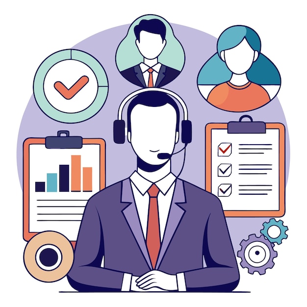 Representante de servicio al cliente con cartelera de auriculares y íconos de marca de comprobación