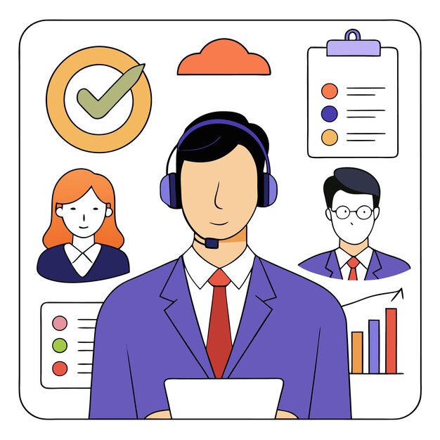 Un representante de servicio al cliente con una computadora portátil con auricular y rodeado de iconos comerciales