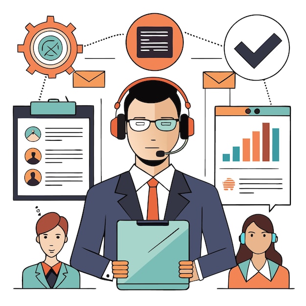 Un representante de servicio al cliente masculino con auriculares y sosteniendo un portapapeles con otros dos representantes del servicio al cliente en el fondo rodeados de iconos que representan una variedad de tareas