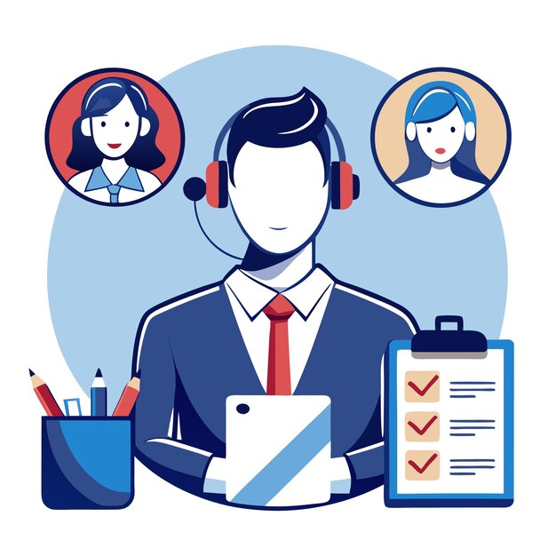 Un representante de servicio al cliente masculino con auriculares sosteniendo una tableta y trabajando en una lista de comprobación Otros dos representantes de servicio al consumidor están en videoconferencia