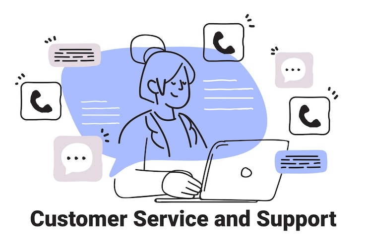 Vector representante de servicio al cliente usando una computadora portátil rodeada de iconos de comunicación en una mano minimalista