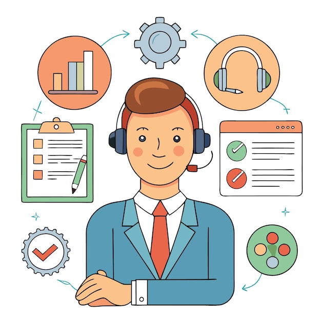Representante de soporte al cliente sonriente usando auriculares rodeado de íconos de configuraciones de gráficos de lista de comprobación marca de comprobación auriculares sitio web y controlador de juego
