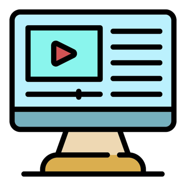 Reproducción de videos en un icono de computadora Describir la reproducción de videos de un icono vectorial de computadora de color plano aislado