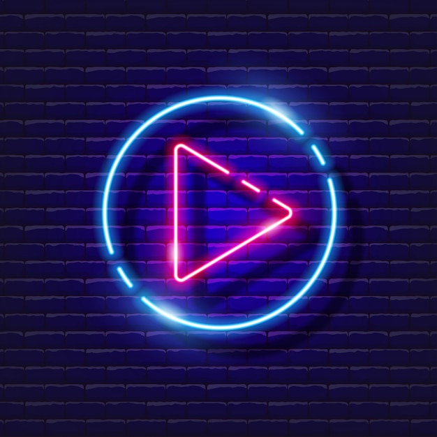 Reproducir icono de neón Música signo brillante Concepto de música Ilustración vectorial para estudio de grabación de sonido diseño carteles publicitarios estudio vocal