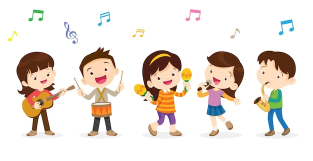Reproducir música concepto de grupo de niños niños con instrumentos musicales lindo niño músico varios