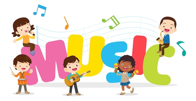 Vector reproducir música concepto de grupo de niños niños con instrumentos musicales lindo niño músico varios