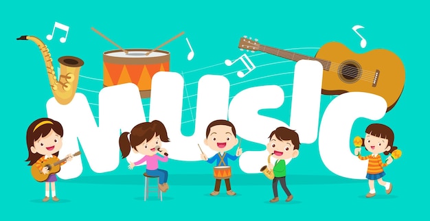 Vector reproducir música concepto de grupo de niños niños con instrumentos musicales lindo niño músico varios