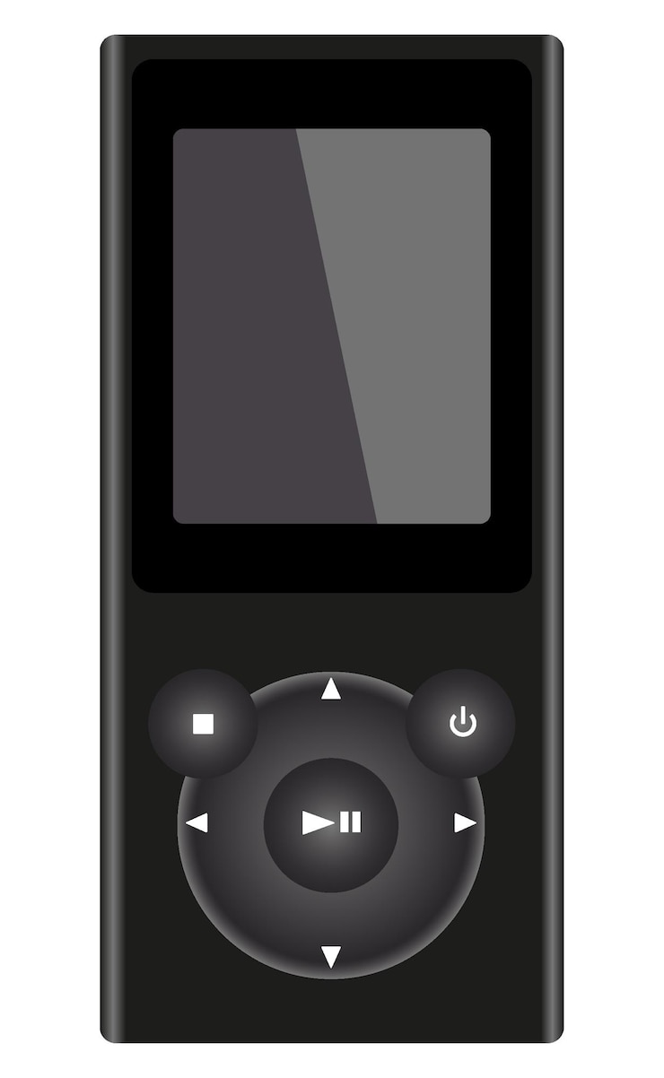 Vector reproductor mp3 gris oscuro con auriculares aislado sobre fondo blanco.