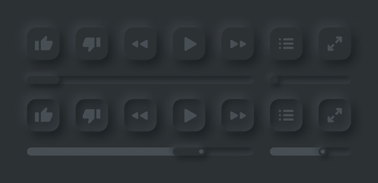 Vector reproductor multimedia de video en línea ui neumorphism dark version. componentes de la interfaz de usuario, botones, barras, controles deslizantes en un estilo neumorfo elegante simple.