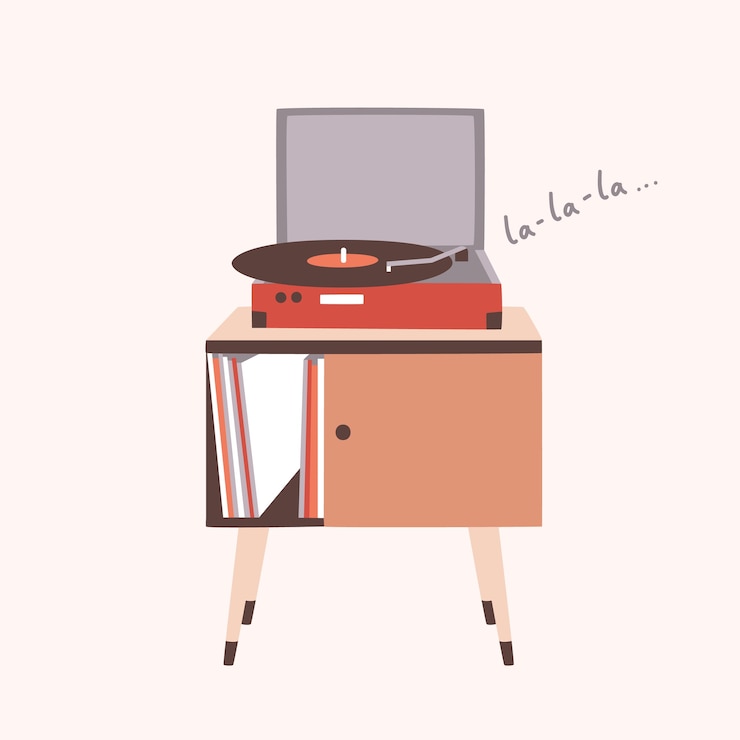 Vector reproductor de música analógica o tocadiscos tocando una canción o un disco de vinilo aislado sobre fondo claro. mobiliario para el hogar o dispositivo de audio antiguo. ilustración decorativa colorida en estilo plano moderno.