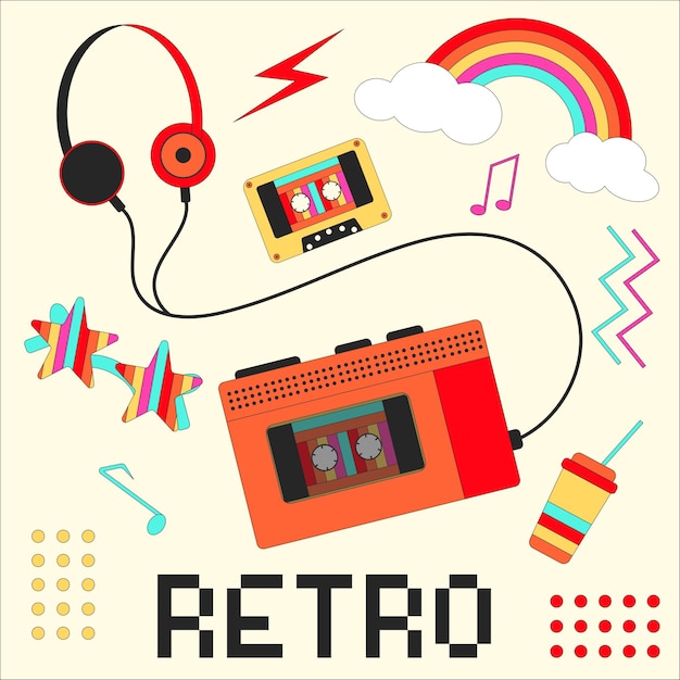 Reproductor de música retro. Conjunto de artículos retro. Elementos clásicos de los años 80-90 en estilo moderno plano, estilo de línea.