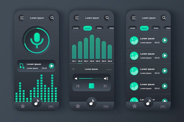 Reproductor de música único kit neomorfo. aplicación de música con grabación de voz, ecualizador gráfico y lista de reproducción de composiciones. música escuchando interfaz de usuario, conjunto de plantillas ux. gui para aplicaciones móviles receptivas