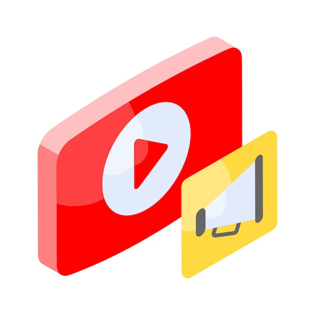 Reproductor de video con megáfono que muestra el concepto de icono isométrico de video marketing