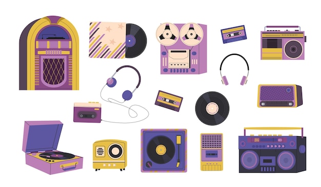 reproductores de música conjunto gramófono grabadora dibujos animados retro grabadoras de música vintage aparatos de sonido dibujos animados vectoriales objetos planos aislados