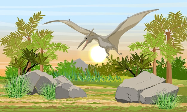 Reptil volador Pteranodon en el cielo sobre el bosque prehistórico Animales y plantas prehistóricos