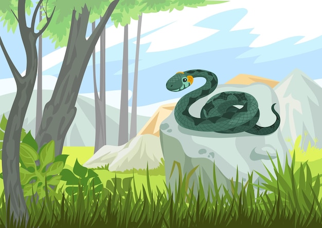 Reptilo venenoso en la naturaleza Serpiente peligrosa en la roca Vipera en el hábitat natural Animal reptil Prado silvestre Serpiente en la piedra Cobra venenosa o pitón Concepto de vector espléndido