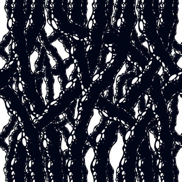 Repugnante horror y pesadilla de patrones sin fisuras, vector de fondo. Raíces enredadas o vida biológica intestinal forman extrañas e interminables ilustraciones. Hard Rock y Heavy metal subcultura música textil moda st
