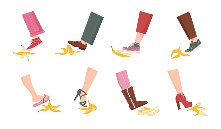 Vector resbalón en cáscara de plátano caricatura accidente cómico hombre y mujer personas pie pisando y resbalando en piel de plátano conjunto de concepto de riesgo y falla vectorial