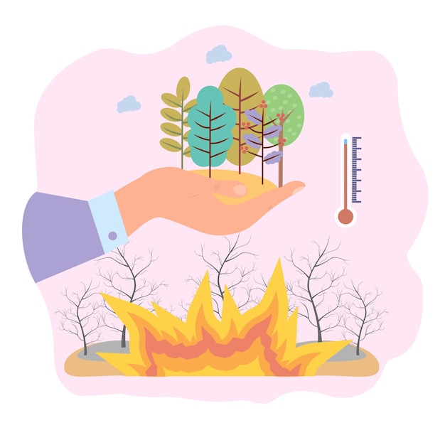 Rescate forestal del fuego fuego de tierra quemada en la contaminación forestal del planeta calentamiento global emisiones de gases de efecto invernadero ilustración vectorial colorida