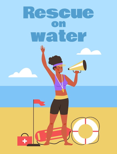 Rescate en pancarta o póster de agua con ilustración de vector plano de salvavidas femenino