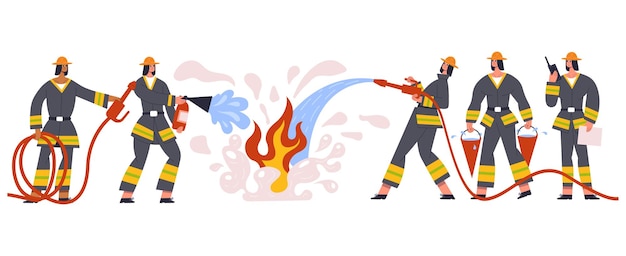 Rescate de personajes del equipo de bomberos y servicio de emergencia. equipo de emergencia de bomberos regando el fuego, luchando con el conjunto de ilustración de vector de fuego. departamento de seguridad del grupo de bomberos valientes