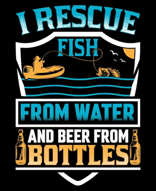 Rescato peces del agua y cerveza de la botella. pesca con vector de diseño de camiseta de cerveza.