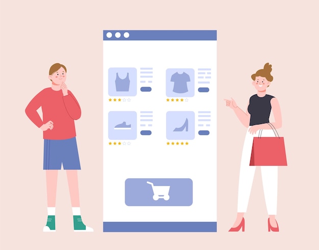 Reseña de tienda online y búsqueda de comentarios sobre artículos. Chicas pensando en comprar y buscando menciones en una tienda digital. Concepto de vector.