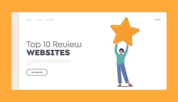 Reseñas principales Sitios web Plantilla de página de aterrizaje Personaje de niño pequeño Sosteniendo una estrella sobre la cabeza Retroalimentación Consumidor o revisión del cliente Evaluación Nivel de satisfacción Personas de dibujos animados Ilustración vectorial
