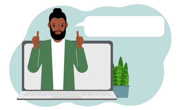 Reseñas de usuarios Computadora portátil con un hombre con los pulgares hacia arriba Reseña del cliente Reseña en línea Calificación de estrellas Comentarios Burbuja de calificación