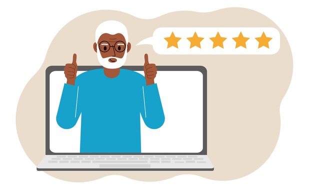 Reseñas de usuarios Computadora portátil con un hombre con los pulgares hacia arriba Reseña del cliente Reseña en línea Calificación de estrellas Comentarios Burbuja de calificación