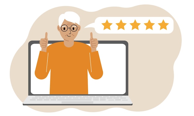 Reseñas de usuarios Computadora portátil con un hombre con los pulgares hacia arriba Reseña del cliente Reseña en línea Calificación de estrellas Comentarios Burbuja de calificación