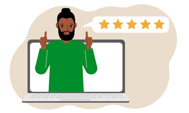 Reseñas de usuarios Computadora portátil con un hombre con los pulgares hacia arriba Reseña del cliente Reseña en línea Calificación de estrellas Comentarios Burbuja de calificación