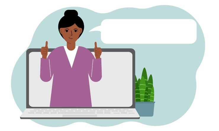 Vector reseñas de usuarios computadora portátil con una mujer con los pulgares hacia arriba reseña del cliente reseña en línea calificación de estrellas comentarios burbuja de calificación