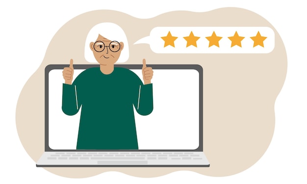 Reseñas de usuarios computadora portátil con una mujer con los pulgares hacia arriba reseña del cliente reseña en línea calificación de estrellas comentarios burbuja de calificación