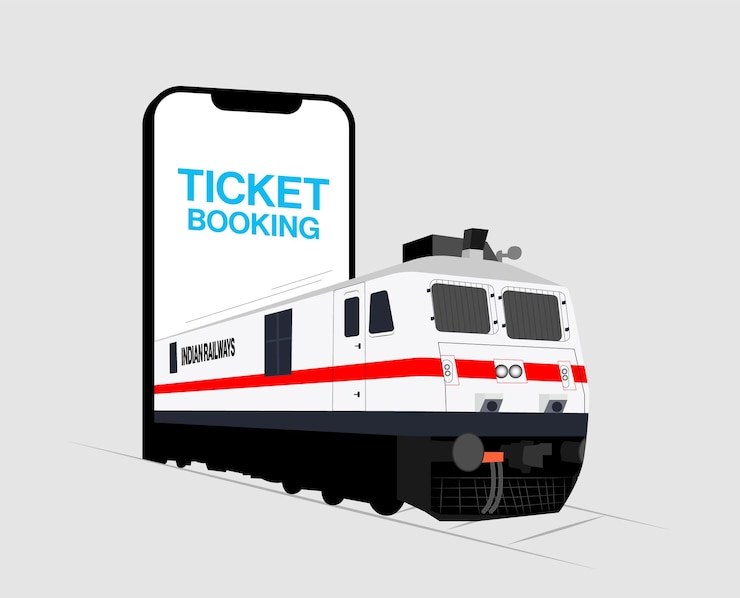 Reserva de entradas a través de smartphone. Vector de reserva en línea de ferrocarril indio