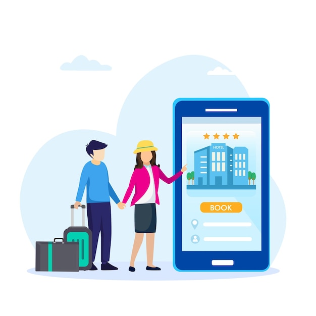 Reserva de hotel en línea Viajar fácilmente con el vector de aplicaciones de reserva en línea