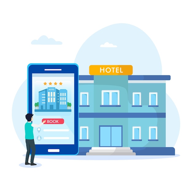 Reserva de hotel en línea Viajar fácilmente con el vector de aplicaciones de reserva en línea