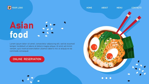 Vector reserva en línea en banner web de restaurante asiático. ramen japonés sobre fondo azul.