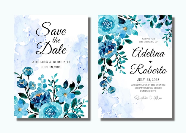 Vector reserva. tarjeta de invitación de boda con acuarela floral azul