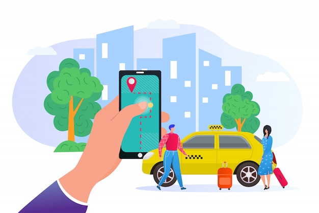 Reserva de taxi en línea a través de la aplicación móvil en la ilustración del teléfono. rascacielos de la ciudad, servicio de pasajeros y automóvil, transporte en taxi amarillo. aplicación para smartphone para pedir un taxi online.
