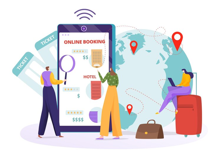 Vector reserva de viajes en línea concepto vector ilustración plano pequeño hombre mujer personaje planificación viajes en aplicación de teléfono inteligente reserva hotel
