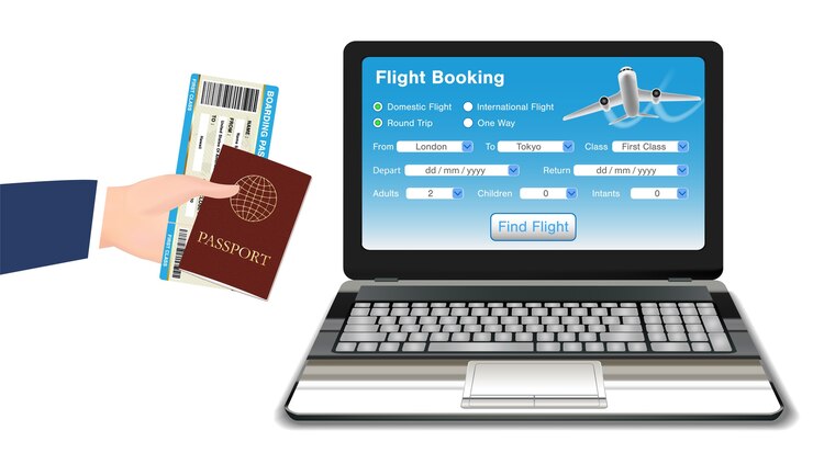 Vector reserva de vuelo en línea para computadora portátil con pasaporte de pasaje