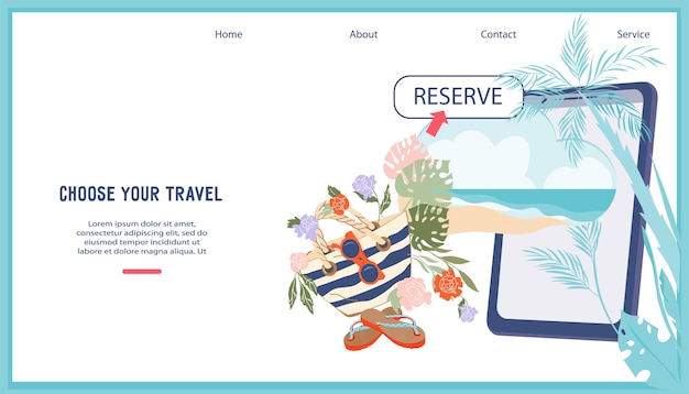 Reserva de vuelos y hoteles en línea banner web de reserva de lugares de viaje con suministros de vacaciones junto al teléfono móvil plantilla de página web de ilustración de vector plano de vacaciones de verano y viajes