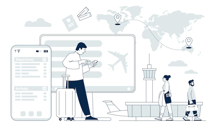 Vector reserva de vuelos tecnología de servicio de viajes y aplicación móvil planificación de vacaciones o viaje de negocios caracteres de avión y turistas boleto en línea concepto de vector reciente