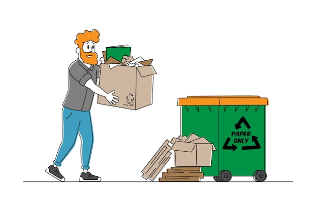 Residuos de papel o reciclaje de basura, detener el concepto de contaminación. Carácter de hombre joven, voluntario lleva pila de cartón usado viejo en caja