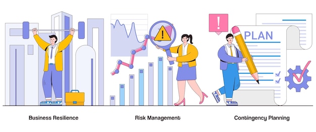 Vector resiliencia empresarial gestión de riesgos concepto de planificación de contingencias con carácter continuidad empresarial conjunto de ilustraciones vectoriales abstractas evaluación de riesgos respuesta a crisis estrategias adaptativas metáfora