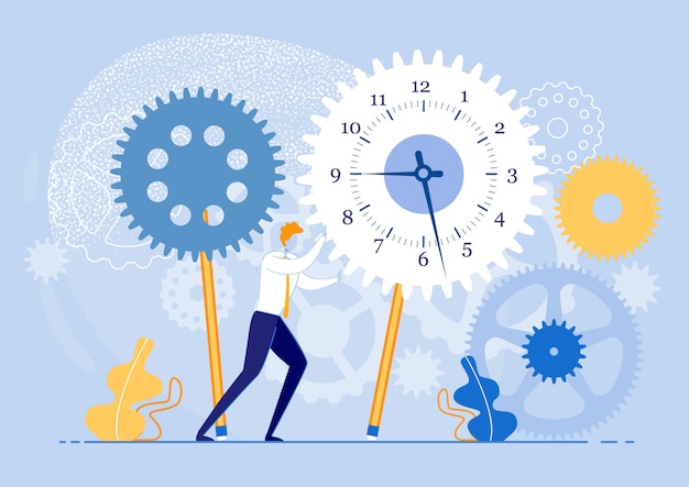 Resolución de casos que deben proceder de inmediato. Aprender y comprender sus hábitos actuales de gestión del tiempo. Guy in Suit es Spinning Gears con todo su poder. Ilustración.
