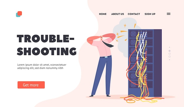 Resolución de problemas Plantilla de página de aterrizaje Servidor de mantenimiento de caracteres Sysadmin Racks con ilustración vectorial de cortocircuito